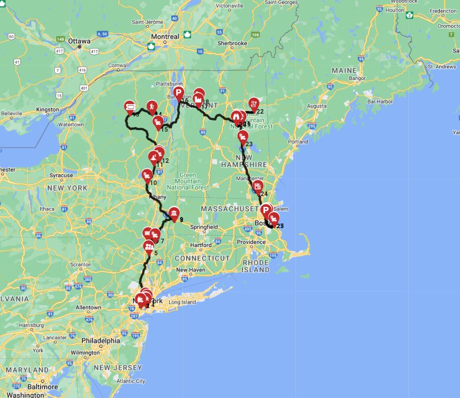 RV route trip from New York to Boston